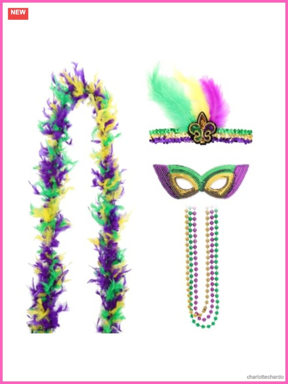 Mardi Gras Costume Accessory Set Feather Boa Sequin Mask Bead Necklaces